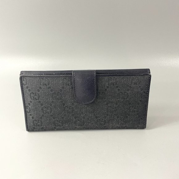 Authentic Vintage Gucci GG Monogram Canvas Black Leather Trim Long Wallet, Black - Picture 1 of 15